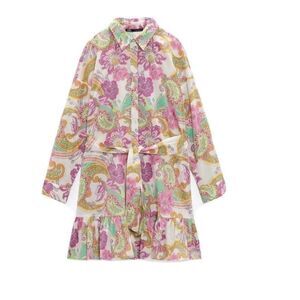Zara Floral Print Shirt Dress Size S Paisley Pink Green White Belted 100% cotton